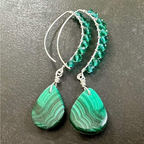 Malachite Earrings, Emerald Crystal, Sterling Silver, Handmade by Prairie Ice - Picture 4 of 10